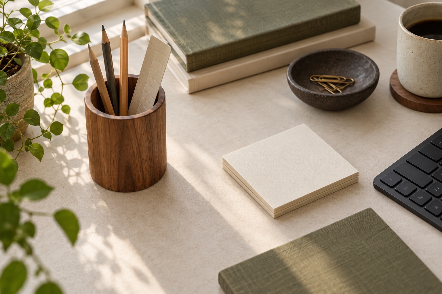 AI-generated category illustration of a wooden pencil cup beside notes; this is not the linked Yamazaki organizer.